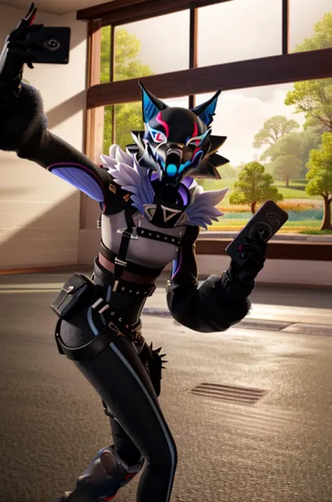 <lora:Fortnite_Highwire_1.1:0.8>, Fortnite_Highwire, Wolf Version, (Wolf Mask:1.2), Straps, Catsuit, Croptop, Brooch, Long Sleeves, Gauntlets, Hip Belt, Hip Holster, Skintight Pants, Fur Collar, Shin Guard, Belt, Boots, Gloves, (((Interior, High School Gym, Holding Cellphone, Selfie))), ultra realistic 8k cg, picture-perfect face, flawless, clean, masterpiece, professional artwork, famous artwork, lighting, cinematic bloom, perfect face, beautiful face, beautiful eyes, volumetric lighting, cgi, 3d, octane render, ambient occlusion