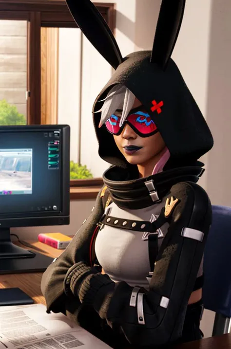 <lora:Fortnite_Highwire_1.1:0.8>, Fortnite_Highwire,(Bunny Version:1.4), Hood Up, Sunglasses, Straps, Catsuit, Croptop, Long Sleeves, Bare Midriff, Hip Belt, Hip Holster, Skintight Pants, Big Collar, Shin Guard, Belt, Boots, Gloves, (((interior, Office))), ultra realistic 8k cg, picture-perfect face, flawless, clean, masterpiece, professional artwork, famous artwork, lighting, cinematic bloom, perfect face, beautiful face, beautiful eyes, volumetric lighting, cgi, 3d, octane render, ambient occlusion