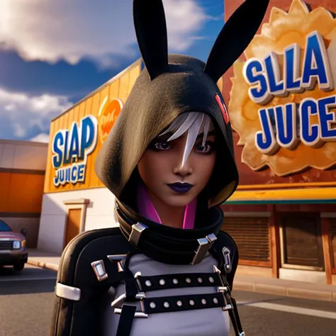 <lora:Fortnite_Highwire_1.1:0.8>, Fortnite_Highwire, Bunny Version, Hood Up, Straps, Catsuit, Croptop, Long Sleeves, Bare Midriff, Hip Belt, Hip Holster, Skintight Pants, Big Collar, Shin Guard, Belt, Boots, Gloves, (Outdoor, Factory, Slap Juice Sign), ultra realistic 8k cg, picture-perfect face, flawless, clean, masterpiece, professional artwork, famous artwork, lighting, cinematic bloom, volumetric lighting, cgi, 3d, octane render, ambient occlusion, (perfect face:1.2), beautiful face, (beautiful eyes:1.2)