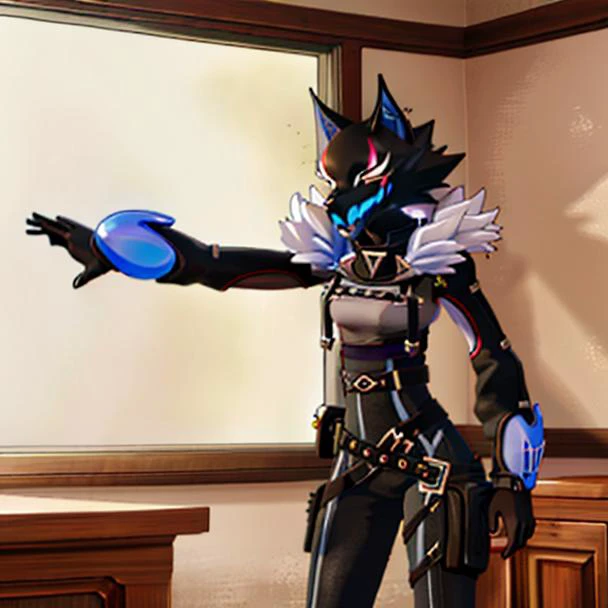 <lora:Fortnite_Highwire_1.1:0.8>, Fortnite_Highwire, Wolf Version, Wolf Mask, Straps, Catsuit, Croptop, Brooch, Long Sleeves, Gauntlets, Hip Belt, Hip Holster, Skintight Pants, Fur Collar, Shin Guard, Belt, Boots, Gloves, (((Interior, School))), 80s anime, flawless, clean, masterpiece, professional artwork, famous artwork, lighting, cinematic bloom, perfect face, beautiful face, beautiful eyes