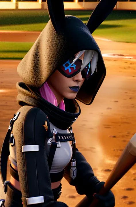 <lora:Fortnite_Highwire_1.1:0.8>, Fortnite_Highwire,(Bunny Version:1.4), Hood Up, Sunglasses, Straps, Catsuit, Croptop, Long Sleeves, Bare Midriff, Hip Belt, Hip Holster, Skintight Pants, Big Collar, Shin Guard, Belt, Boots, Gloves, (((Outdoor, Baseball Field, Swinging Baseball bat))), ultra realistic 8k cg, picture-perfect face, flawless, clean, masterpiece, professional artwork, famous artwork, lighting, cinematic bloom, perfect face, beautiful face, beautiful eyes, volumetric lighting, cgi, 3d, octane render, ambient occlusion