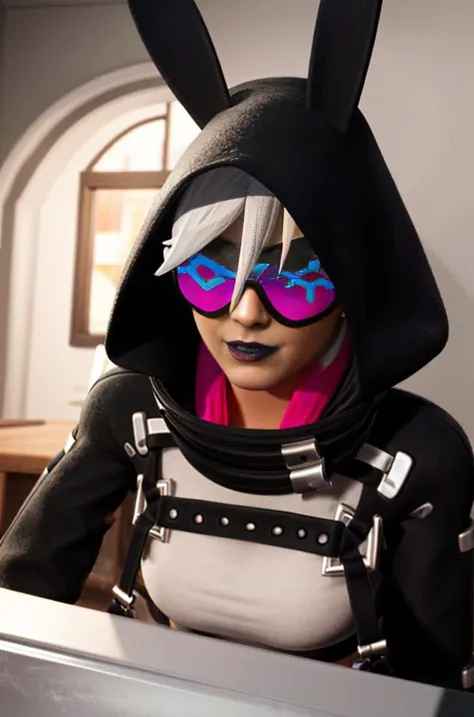 <lora:Fortnite_Highwire_1.1:0.8>, Fortnite_Highwire,(Bunny Version:1.4), Hood Up, Sunglasses, Straps, Catsuit, Croptop, Long Sleeves, Bare Midriff, Hip Belt, Hip Holster, Skintight Pants, Big Collar, Shin Guard, Belt, Boots, Gloves, (((interior, Office))), ultra realistic 8k cg, picture-perfect face, flawless, clean, masterpiece, professional artwork, famous artwork, lighting, cinematic bloom, perfect face, beautiful face, beautiful eyes, volumetric lighting, cgi, 3d, octane render, ambient occlusion