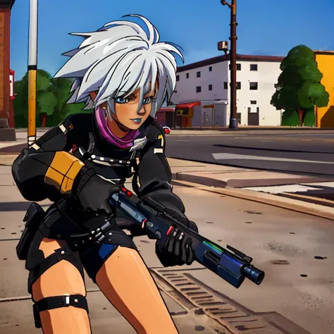 <lora:Fortnite_Highwire_1.1:0.8>, Fortnite_Highwire, (Female Police Uniform), (((Outdoor, City Street, Shooting a Pistol))), (80s anime:1.2), flawless, clean, (masterpiece:1.2), professional artwork, famous artwork, lighting, (perfect face:1.2), beautiful face, (beautiful eyes:1.2)