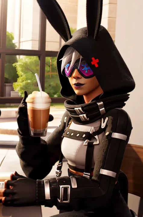 <lora:Fortnite_Highwire_1.1:0.8>, Fortnite_Highwire,(Bunny Version:1.4), Hood Up, Sunglasses, Straps, Catsuit, Croptop, Long Sleeves, Bare Midriff, Hip Belt, Hip Holster, Skintight Pants, Big Collar, Shin Guard, Belt, Boots, Gloves, (((Interior, Coffee Shop, Drinking Coffee))), ultra realistic 8k cg, picture-perfect face, flawless, clean, masterpiece, professional artwork, famous artwork, lighting, cinematic bloom, perfect face, beautiful face, beautiful eyes, volumetric lighting, cgi, 3d, octane render, ambient occlusion