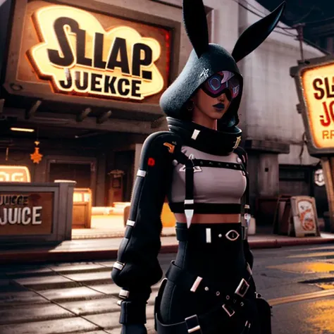 <lora:Fortnite_Highwire_1.1:0.8>, Fortnite_Highwire, Bunny Version, Hood Up, (Cyberpunk Glasses:1.6), Straps, Catsuit, Croptop, Long Sleeves, Bare Midriff, Hip Belt, Hip Holster, Skintight Pants, Big Collar, Shin Guard, Belt, Boots, Gloves, (Outdoor, Factory, Slap Juice Sign), ultra realistic 8k cg, picture-perfect face, flawless, clean, masterpiece, professional artwork, famous artwork, lighting, cinematic bloom, volumetric lighting, cgi, 3d, octane render, ambient occlusion, (perfect face:1.2), beautiful face, (beautiful eyes:1.2)