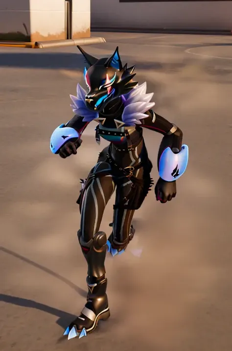 A high quality unreal engine render of Fortnite_Highwire, Wolf Version, Wolf Mask, Straps, Catsuit, Croptop, Brooch, Long Sleeves, Gauntlets, Hip Belt, Hip Holster, Skintight Pants, Fur Collar, Shin Guard, Belt, Boots, Gloves, (Outdoor:1.5), CG, Octane Render, 8k uhd, soft lighting, high quality, ambient occlusion, <lora:Fortnite_Highwire_1.1:1>