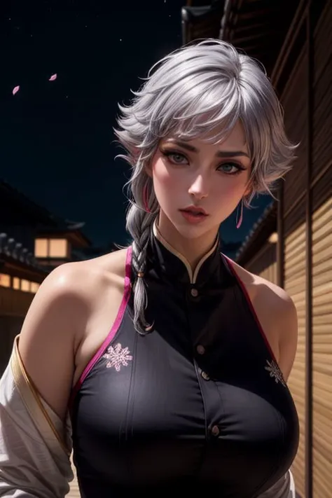 isane kotetsu, short hair, braid, silver hair, (grey eyes:1.1), hair braid, very beautiful German women, well detailed beautiful oval shaped face, beautiful face features, smile, well detailed long pointed with a straight bridge and a defined shape nose, well detailed beautiful shining grey color eyes, well detailed glowing lips, closed lips, square shaped jawline, She wears a thin dangling red earring on each ear, wearing a magenta color vibrant fully Indian style cotton Salwar Kameez, full sleeves, Emphasize her (graceful:1.2) posture, (colorful:1.1) attire, and (intricate:1.1) embroidery, 25 years old, well detailed hair and hairstyle, in a terrace of a Japanese style house, falling cherry blossoms and snowflakes, proportionate body, above hip image, realistic image, Capture the serene beauty of a woman, Capture the enchantment of the night with its (mysterious:1.2) atmosphere. Emphasize the (velvety:1.1) darkness, (twinkling:1.1) stars, the world transformed into a mystical realm,  Highlight the (majestic:1.3) peaks, (vibrant:1.2) colors of the sky, and (crisp:1.1) details of the surrounding nature, above hip image, ultra detailed image, ultra detailed background, very close-up image.