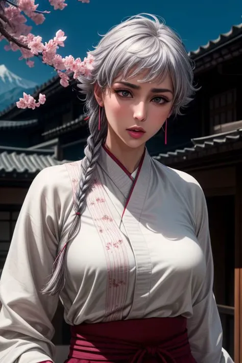 isane kotetsu, short hair, braid, silver hair, (grey eyes:1.1), hair braid, very beautiful German women, well detailed beautiful oval shaped face, beautiful face features, smile, well detailed long pointed with a straight bridge and a defined shape nose, well detailed beautiful shining grey color eyes, well detailed glowing lips, closed lips, square shaped jawline, She wears a thin dangling red earring on each ear, wearing a magenta color vibrant fully Indian style cotton Salwar Kameez, full sleeves, Emphasize her (graceful:1.2) posture, (colorful:1.1) attire, and (intricate:1.1) embroidery, 25 years old, well detailed hair and hairstyle, in a terrace of a Japanese style house, falling cherry blossoms and snowflakes, proportionate body, above hip image, realistic image, Capture the serene beauty of a woman, Capture the enchantment of the night with its (mysterious:1.2) atmosphere. Emphasize the (velvety:1.1) darkness, (twinkling:1.1) stars, the world transformed into a mystical realm, Highlight the (majestic:1.3) peaks, (vibrant:1.2) colors of the sky, and (crisp:1.1) details of the surrounding nature, above hip image, ultra detailed image, ultra detailed background, very close-up image.