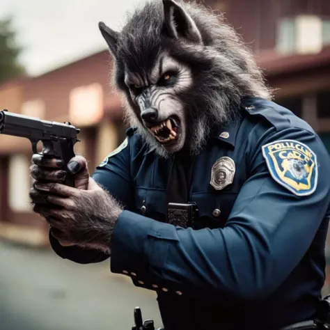 cinematic film still of <lora:Werewolf style:1.2>
wide angle of a policeman dressed as a werewolf in a dark room Werewolf Style, shallow depth of field, vignette, highly detailed, high budget, bokeh, cinemascope, moody, epic, gorgeous, film grain, grainy