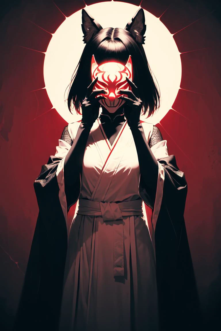 (masterpiece, best quality, ultra detailed), 1girl, solo, (miko clothes:1.2), long sleeves, long hakama, fox_mask, mask on hand, covering face, <lora:holding mask_v2:1>, white hair, hime style, red eyes, (spider web patterns background:1.2), (monochrome, white and red:1.4), dark theme, light particles, cinematic lighting, depth of field, (vivid color light:1.4),