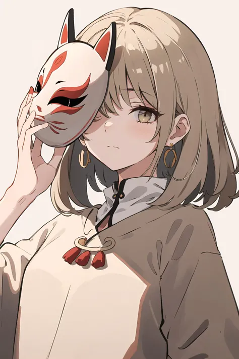 (best quality, masterpiece, highres),1girl,solo,beige hair,earrings,mask on hand,covering face,
blank eyes,closed mouth,from below,looking at viewer,<lora:holding mask_v1:1>,