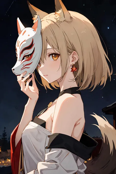 (best quality, masterpiece, highres),1girl,solo,beige hair,earrings,fox mask,single bare shoulder,hand up,mask on hand,covering face,
closed mouth,outdoors,starry sky,from side,<lora:holding mask_v1:1>,