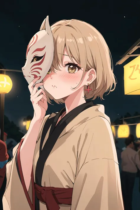 (best quality, masterpiece, highres),1girl,solo,beige hair,earrings,mask on hand,covering face,
blush,pout,festival,outdoors,night,<lora:holding mask_v1:1>,