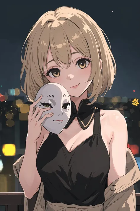 (best quality, masterpiece, highres),1girl,solo,beige hair,head tilt,seductive smile,white mask,mask on hand,covering face,night,city lights,bokeh,
<lora:holding mask_v2:1>,