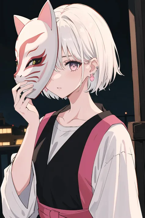(best quality, masterpiece, highres),1girl,solo,short hair,white hair,earrings,pink cat mask,covering face,mask on hand,dim lighting,night,dark,
<lora:holding mask_v1:1>,