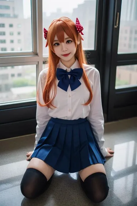 ltra-detailed,highly detailed,best quality,masterpiece,illustration,realistic,
sakura chiyo, sakura chiyo, polka dot bow, 1girl, solo, bow, orange hair, long hair, cosplay, polka dot, skirt, hair bow, seiza, purple eyes, looking at viewer, school uniform, sitting, smile, shirt, long sleeves, blue skirt, socks, bowtie, white shirt, indoors, kneehighs, black socks, full body, blue bow, kneeling, ribbon, lips, window, hair ribbon, bangs, pleated skirt, hair between eyes, souryuu asuka langley, closed mouth, photo \(object\), sleeves past wrists, crossdressing, realistic,
<lora:sakura chiyo_v1_04:0.7>