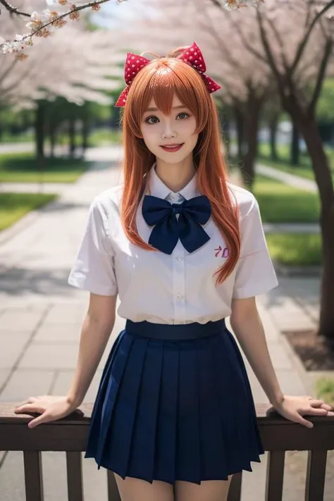 ltra-detailed,highly detailed,best quality,masterpiece,illustration,realistic,
sakura chiyo, sakura chiyo, orange hair, polka dot bow, bow, 1girl, solo, hair bow, school uniform, cosplay, polka dot, long hair, skirt, looking at viewer, outdoors, pleated skirt, tree, smile, purple eyes, crossdressing, realistic, blue skirt, shirt, fence, white shirt, day, ascot, voice actor connection, lips, parody, short sleeves, souryuu asuka langley, ribbon, cowboy shot, blue bow,
<lora:sakura chiyo_v1_04:0.7>