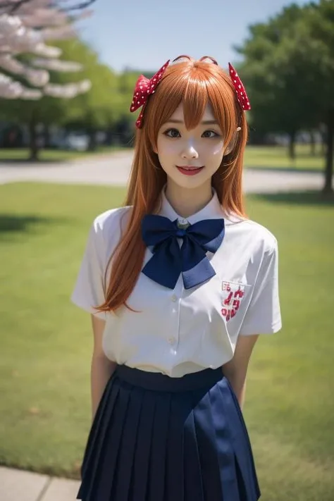 ltra-detailed,highly detailed,best quality,masterpiece,illustration,realistic,
sakura chiyo, sakura chiyo, orange hair, polka dot bow, bow, 1girl, solo, hair bow, school uniform, cosplay, polka dot, long hair, skirt, looking at viewer, outdoors, pleated skirt, tree, smile, purple eyes, crossdressing, realistic, blue skirt, shirt, fence, white shirt, day, ascot, voice actor connection, lips, parody, short sleeves, souryuu asuka langley, ribbon, cowboy shot, blue bow,
<lora:sakura chiyo_v1_04:0.7>