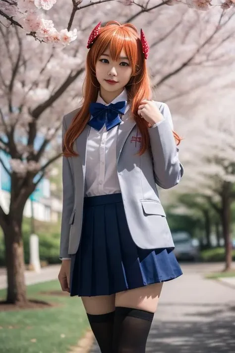 ltra-detailed,highly detailed,best quality,masterpiece,illustration,realistic,
sakura chiyo,1girl, cosplay,solo, purple eyes,
bow, school uniform, jacket, blazer, collared shirt,bowtie,pleated skirt, zettai ryouiki,
ahoge,orange hair, long hair, hair bow, polka dot bow,
cowboy shot,looking at viewer,standing,
outdoors, photo background, tree, cherry blossoms, day, photo inset,
<lora:sakura chiyo_v1_04:0.7>