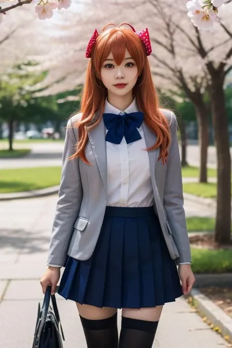 ltra-detailed,highly detailed,best quality,masterpiece,illustration,realistic,
sakura chiyo,1girl,  cosplay,solo, purple eyes, 
bow, school uniform, jacket, blazer, collared shirt,bowtie,pleated skirt, zettai ryouiki, 
ahoge,orange hair, long hair, hair bow, polka dot bow, 
cowboy shot,looking at viewer,standing, 
outdoors, photo background, tree, cherry blossoms, day, photo inset,
<lora:sakura chiyo_v1_04:0.7>