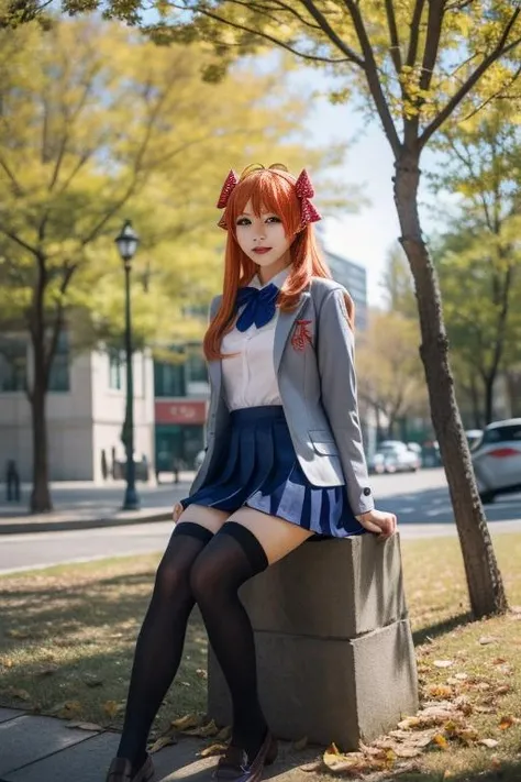 Sayori, red bow, bow, solo, blue skirt, 1girl, blue eyes, ribbon, jacket, kneehighs, uwabaki, looking at viewer, blazer, skirt, short hair, school uniform, shoes, long sleeves, pleated skirt, white socks, hair bow, clown makeup