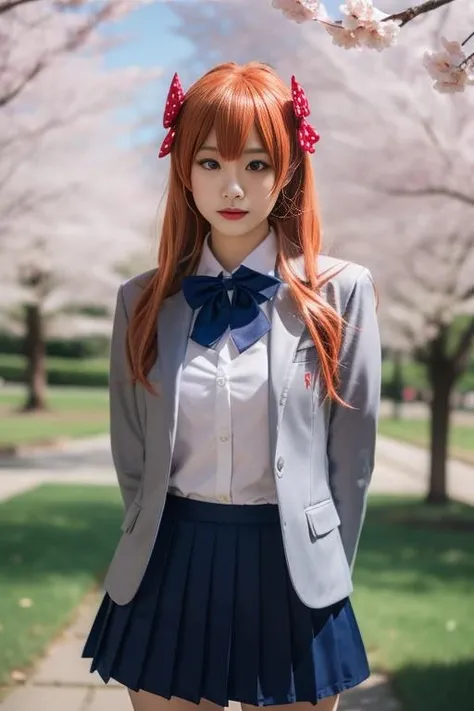 ltra-detailed,highly detailed,best quality,masterpiece,illustration,realistic,
sakura chiyo,1girl, cosplay,solo, purple eyes,
bow, school uniform, jacket, blazer, collared shirt,bowtie,pleated skirt, zettai ryouiki,
ahoge,orange hair, long hair, hair bow, polka dot bow,
cowboy shot,looking at viewer,standing,
outdoors, photo background, tree, cherry blossoms, day, photo inset,
<lora:sakura chiyo_v1_04:0.7>