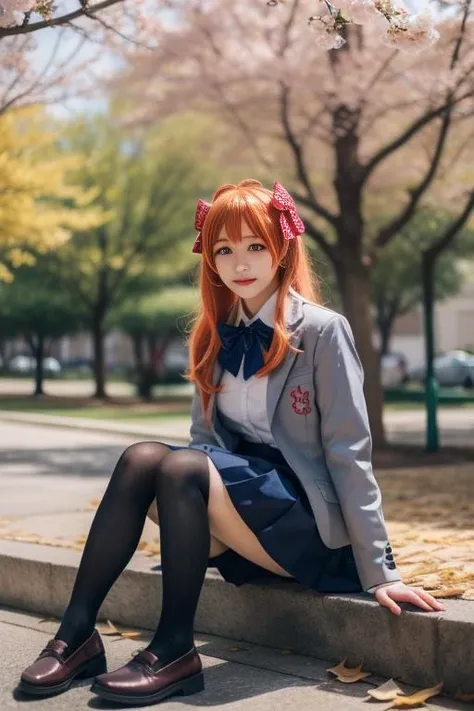 ltra-detailed,highly detailed,best quality,masterpiece,illustration,realistic,
sakura chiyo,1girl,  cosplay,solo, purple eyes, 
bow, school uniform, jacket, blazer, collared shirt,bowtie,pleated skirt, zettai ryouiki, thighhighs, loafers, 
ahoge,orange hair, long hair, hair bow, polka dot bow, 
full body,looking at viewer,sitting, 
outdoors, photo background, tree, bare tree, day, photo inset,autumn, autumn leaves, 
<lora:sakura chiyo_v1_04:0.7>
