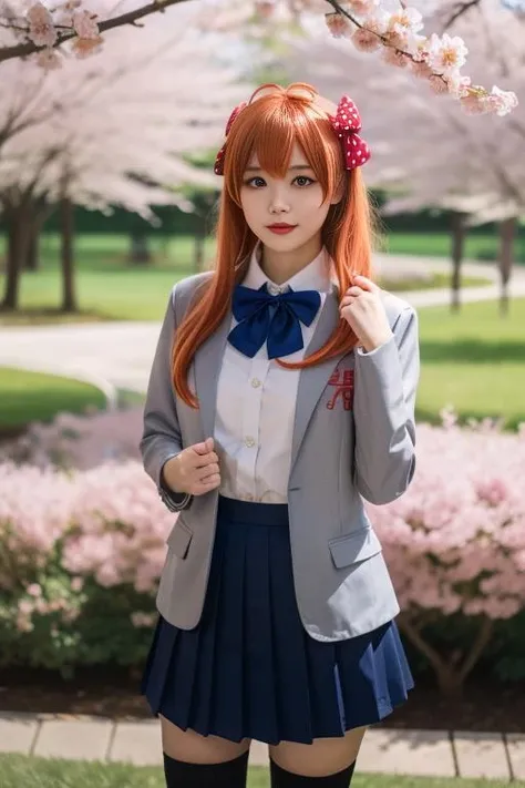 ltra-detailed,highly detailed,best quality,masterpiece,illustration,realistic,
sakura chiyo,1girl, cosplay,solo, purple eyes,
bow, school uniform, jacket, blazer, collared shirt,bowtie,pleated skirt, zettai ryouiki,
ahoge,orange hair, long hair, hair bow, polka dot bow,
cowboy shot,looking at viewer,standing,
outdoors, photo background, tree, cherry blossoms, day, photo inset,
<lora:sakura chiyo_v1_04:0.7>