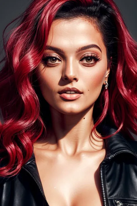 editorial portrait of a woman,(beberexha_ti_v1-3700),(red curly hair:1.2),Masterpiece, absurdres, award winning photo of candices, wearing a black jacket,extremely detailed, amazing,clean, fine detail, extremely detailed eyes and face,smiling, flirting,by helmut newton, nikon d850, film stock photograph, 4 kodak portra 400 camera, f1.6 lens, rich colors, hyper realistic, dramatic lighting, trending on artstation, cinestill 800 tungsten, beautiful woman