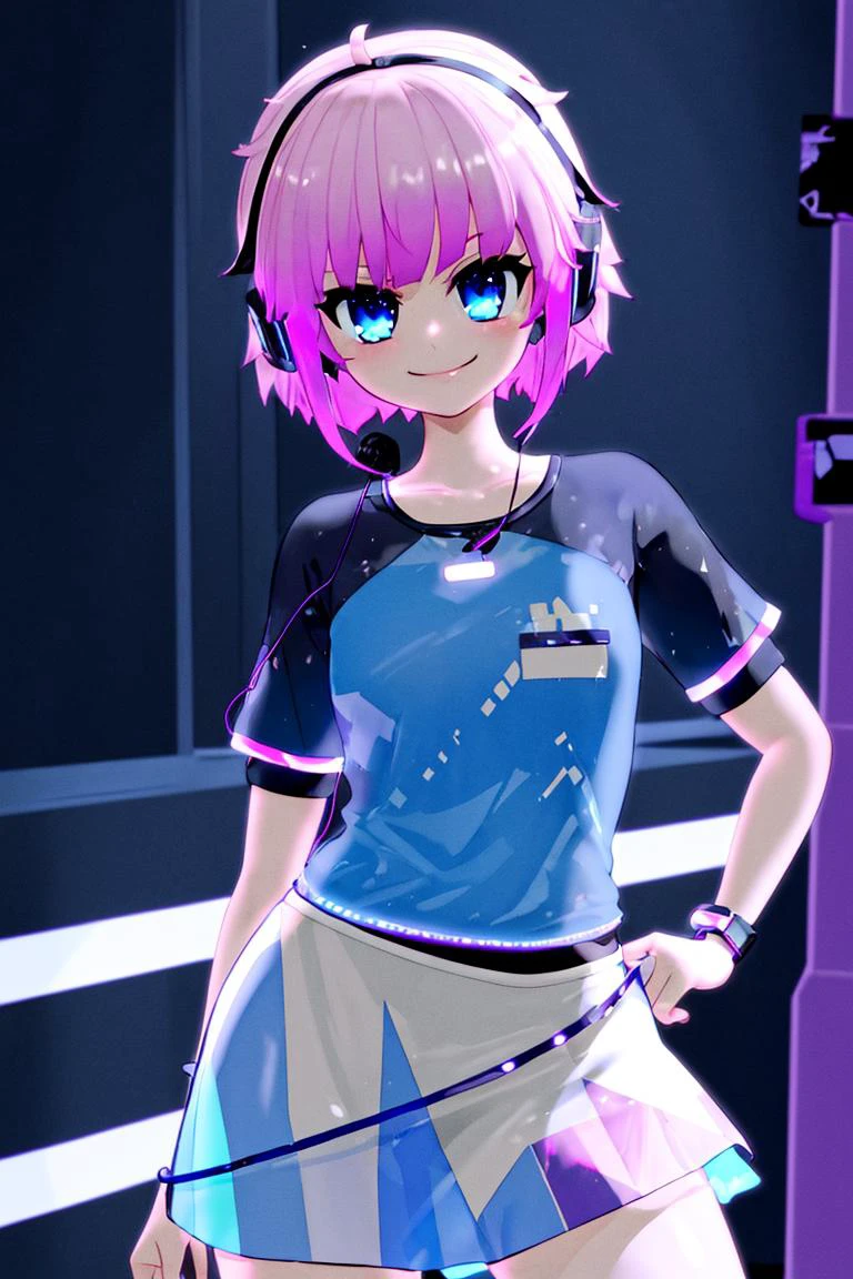 <lora:Mantis_Style:1>,
((masterpiece,best quality)),
cute girl, short pink hair, blue shirt, white skirt,
cyberpunk, neon lights, led headphones,
solo, smiling, looking at viewer, cowboy shot, cinematic composition, contrapposto,