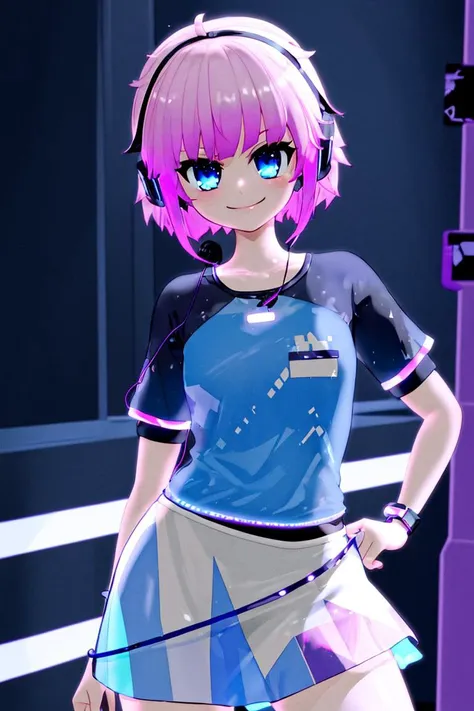 <lora:Mantis_Style:1>,
((masterpiece,best quality)),
cute girl, short pink hair, blue shirt, white skirt,
cyberpunk, neon lights, led headphones,
solo, smiling, looking at viewer, cowboy shot,  cinematic composition, contrapposto,