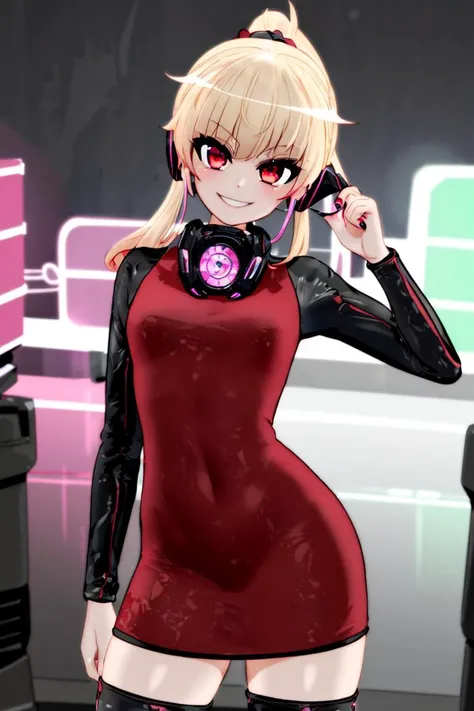 <lora:Mantis_Style:1>,
((masterpiece,best quality)),
blonde ponytail, red dress, red eyes,
cyberpunk, neon lights, led headphones,
solo, smiling, looking at viewer, cowboy shot, cinematic composition, contrapposto,