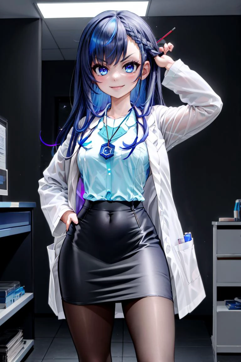 <lora:Mantis_Style:0.8>,(masterpiece, best quality:1.2),solo, 1girl, civitai-chan, smile, looking at viewer, braided bangs, v-shaped eyebrows, labcoat, shirt, shirt tucked in, single vertical stripe, black skirt, pencil skirt, pantyhose, necklace, glowing lights in background, <lora:gijinkaseries_civitai-18:0.7>, <lora:more_details:0.7>