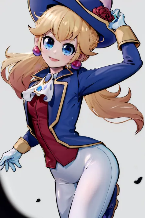 <lora:Mantis_Style:0.8>,((masterpiece,best quality)), absurdres, <lora:Princess_Peach_Nintendo:0.8>, Swordfighter_Peach, solo, 1girl, hat, blonde hair, blue eyes, jewelry, earrings, long hair, rapier, hat feather, pants, ascot, red rose, hat flower, ponytail, white pants, white gloves, boots, blue jacket, long sleeves, smiling, looking at viewer, cowboy shot,  cinematic composition,