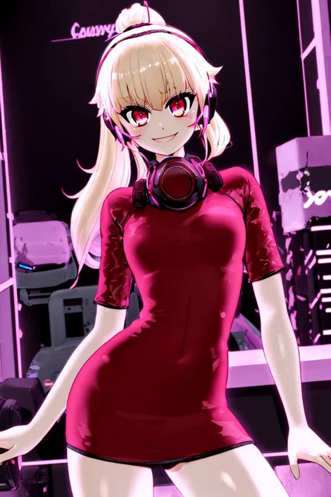 <lora:Mantis_Style:1>,
((masterpiece,best quality)),
blonde ponytail, red dress, red eyes,
cyberpunk, neon lights, led headphones,
solo, smiling, looking at viewer, cowboy shot, cinematic composition, contrapposto,