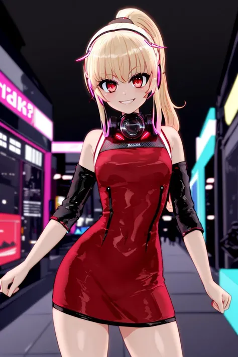 <lora:Mantis_Style:0.8>,
((masterpiece,best quality)),
blonde ponytail, red dress, red eyes,
cyberpunk, neon lights, led headphones,
solo, smiling, looking at viewer, cowboy shot, cinematic composition, contrapposto,