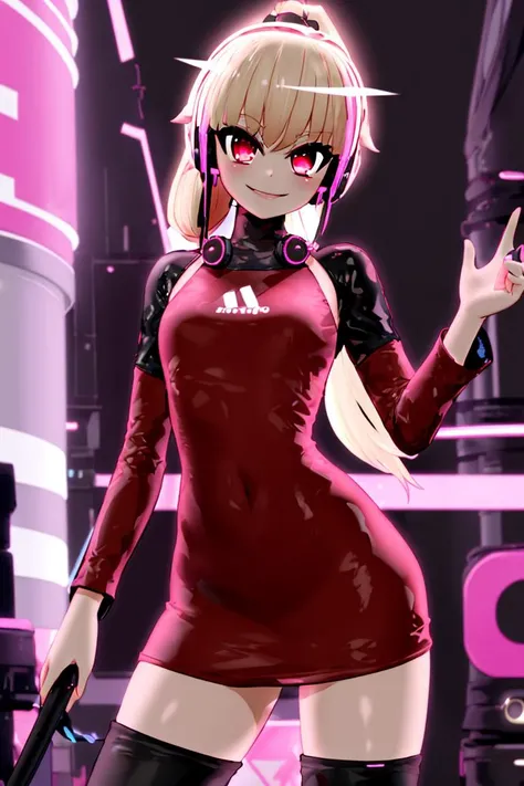<lora:Mantis_Style:1>,
((masterpiece,best quality)),
blonde ponytail, red dress, red eyes,
cyberpunk, neon lights, led headphones,
solo, smiling, looking at viewer, cowboy shot, cinematic composition, contrapposto,