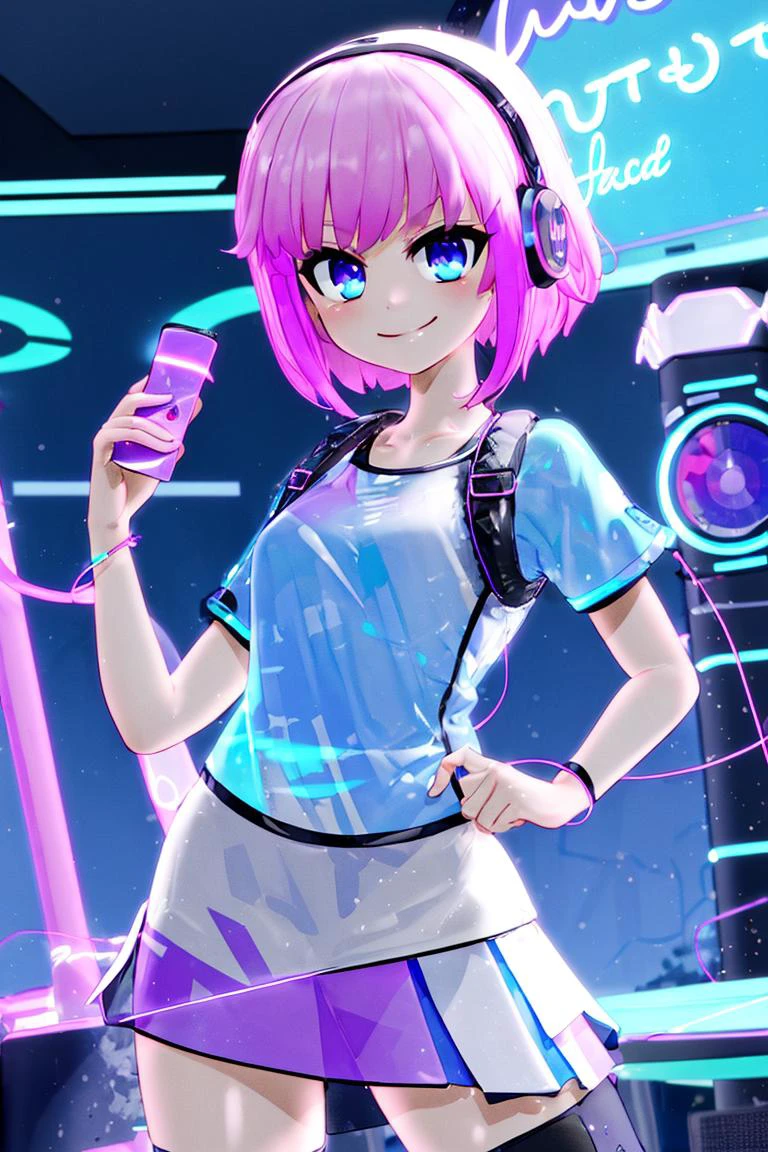 <lora:Mantis_Style:1>,
((masterpiece,best quality)),
cute girl, short pink hair, blue shirt, white skirt,
cyberpunk, neon lights, led headphones,
solo, smiling, looking at viewer, cowboy shot, cinematic composition, contrapposto,