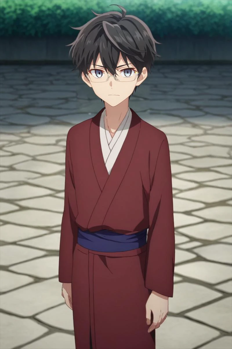 score_9, score_8_up, score_7_up, source_anime, rating_safe, intricate details, anime screencap, anime coloring, , looking at viewer, depth of field, 1boy, solo, male focus, <lora:lugh_tuatha_de_pony:0.82>, lugh_tuatha_de, black hair, blue eyes, short hair, hair between eyes, bangs, glasses, full body, stone road, dusk, arm support, wavy mouth, japanese costume, <lora:sdxl_lightning_8step_lora:1>