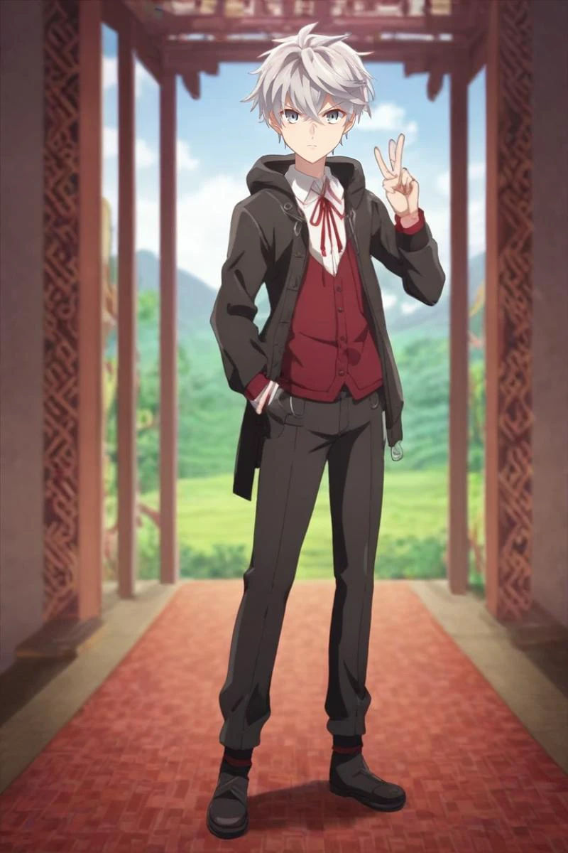 score_9, score_8_up, score_7_up, source_anime, rating_safe, , , , depth of field, 1boy, solo, male focus, <lora:lugh_tuatha_de_pony:0.82>, lugh_tuatha_de, grey hair, grey eyes, short hair, hair between eyes, bangs, full body, east asian architecture, day, sunny, v, peace sign, angry, funny costume, <lora:sdxl_lightning_8step_lora:1>