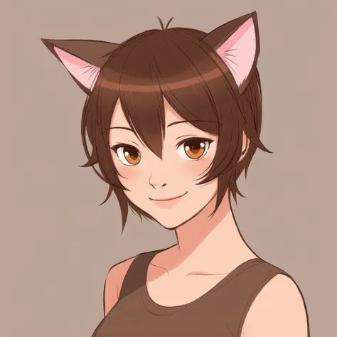 <lora:mayonoseart:1>, mayonoseart, animal ears, blush, brown eyes, brown hair, bust, cat ears, cat tail, light smile, looking at viewer, no hat, no headwear, short hair, simple background, solo, tail