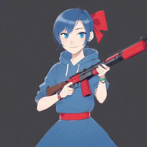 <lora:mayonoseart:1>, mayonoseart, 1girl, bag, blue eyes, blue hair, bow, bracelet, dress, gun, h&k mp7, hair bow, highres, holding, holding gun, holding weapon, hood, hoodie, jewelry, looking at viewer, messenger bag, ponytail, red background, red bow, short ponytail, shoulder bag, simple background, smile, solo, submachine gun, sweater, trigger discipline, weapon, heckler & koch