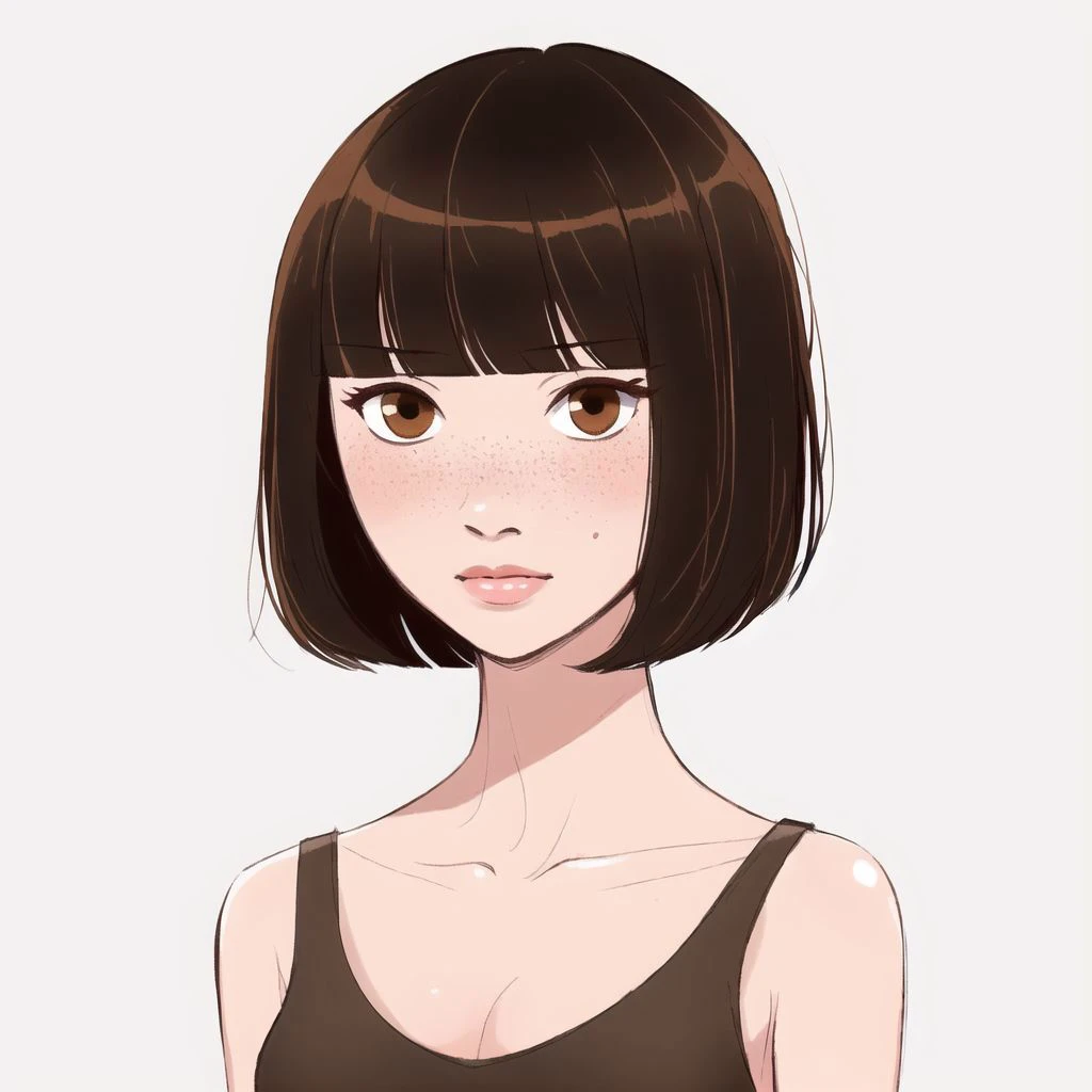 <lora:mayonoseart:1>, mayonoseart,
solo, 1girl, masterpiece, best quality, black hair, (white camisole), brown eyes, bob cut, blunt bangs, brown eyes, blush, black hair, steaming, (freckles:0.8), collarbone, exposed shoulders, small breasts, empty background, white background, :o, confused, (?)