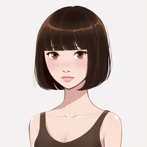 <lora:mayonoseart:1>,  mayonoseart, 


solo, 1girl, masterpiece, best quality, black hair, (white camisole), brown eyes, bob cut, blunt bangs, brown eyes, blush, black hair, steaming, (freckles:0.8), collarbone, exposed shoulders, small breasts, empty background, white background, :o, confused, (?)