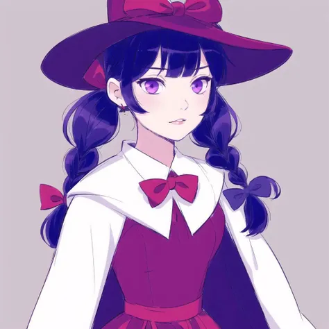<lora:mayonoseart:1>, mayonoseart,
1girl, alternate hairstyle, bangs, blue bow, bow, braid, breasts, capelet, crescent, crescent hair ornament, dress, eyebrows visible through hair, flying sweatdrops, grey background, hair bow, hair ornament, hat, hat ribbon, holding, holding hair, long sleeves, looking at viewer, low twintails, medium breasts, mob cap, parted lips, purple dress, purple hair, red bow, red ribbon, ribbon, simple background, solo, twin braids, twintails, v-shaped eyebrows, violet eyes, white capelet, white hat, wide sleeves