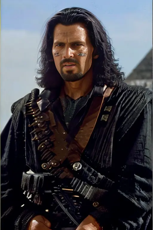 The poster could show Ardeth standing tall and strong, with his sword at his side and his iconic silver hair blowing in the wind.
The background could be a dark and moody pyramid of giza, hinting at the dark fantasy world in which the is set. Perhaps there could be a hint of magic in the air, with sparks or smoke swirling around Geralt, suggesting that he is a powerful and mysterious figure. <lora:Ardeth:1>