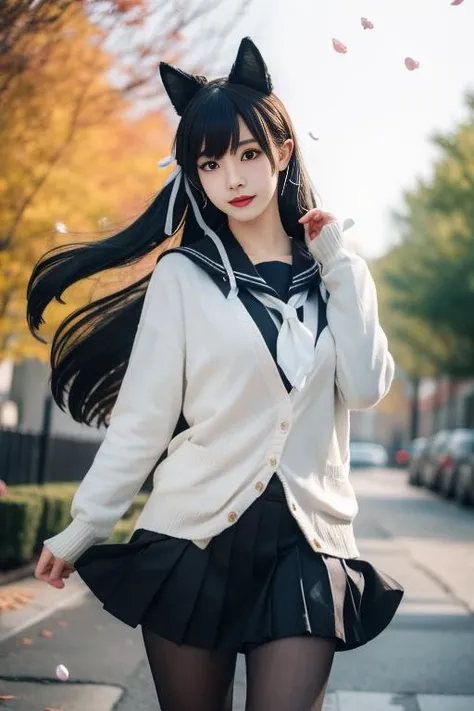ultra-detailed,highly detailed,best quality,masterpiece,illustration,realistic,
atago, 1girl, solo, atago \(azur lane\), cosplay, mole under eye,
animal ears, very long hair,bangs, sidelocks, hair ribbon,
school uniform,cardigan, sailor collar, serafuku, long sleeves, pleated skirt, pantyhose,
outdoors, flower, day, blurry background, photo background, tree, wind,floating hair, falling petals,
 <lora:atago_uni_v1_02:0.7>