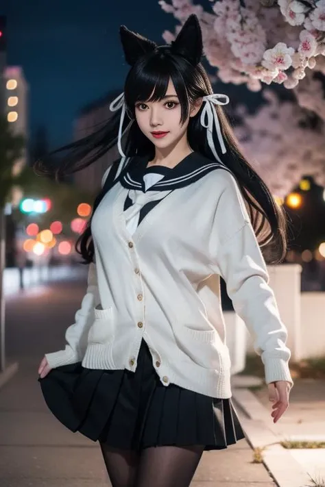 ultra-detailed,highly detailed,best quality,masterpiece,illustration,realistic,
atago, 1girl, solo, atago \(azur lane\), cosplay, mole under eye,
animal ears, very long hair,bangs, sidelocks, hair ribbon,
school uniform,cardigan, sailor collar, serafuku, long sleeves, pleated skirt, pantyhose,
outdoors, flower, night,city lights,dark, blurry background, photo background, tree, wind,floating hair, falling petals,
<lora:atago_uni_v1_02:0.7>