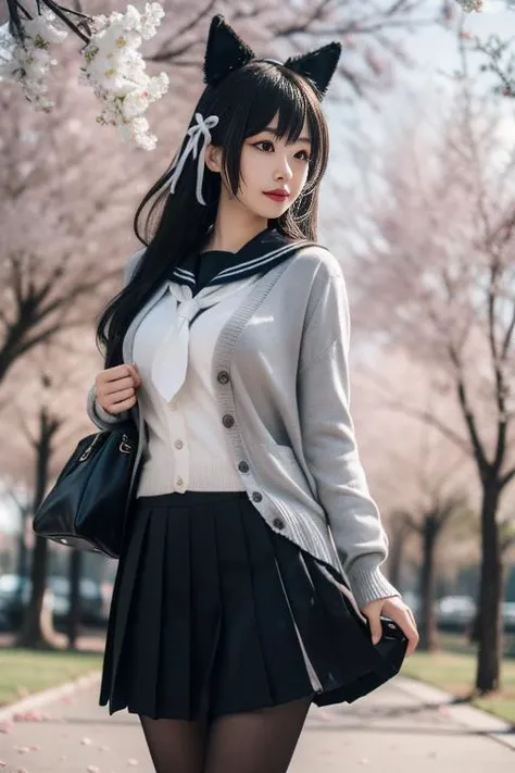ultra-detailed,highly detailed,best quality,masterpiece,illustration,realistic,
atago, 1girl, solo, atago \(azur lane\), cosplay, mole under eye,
animal ears, very long hair,bangs, sidelocks, hair ribbon,
school uniform,cardigan, sailor collar, serafuku, long sleeves, pleated skirt, pantyhose,
outdoors, flower, day, blurry background, photo background, tree, wind,floating hair, falling petals,
<lora:atago_uni_v1_02:0.7>