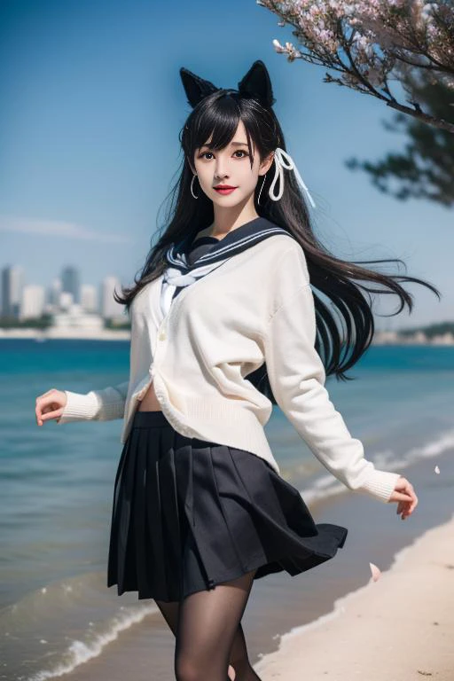 1girll,double tails,Black hair,Flying,White sailor suit and blue skirt,pink bows,16-year-old female model,